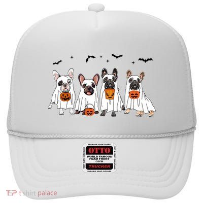 Frenchie Ghost Dog Costume Funny French Bulldog Halloween High Crown Mesh Back Trucker Hat