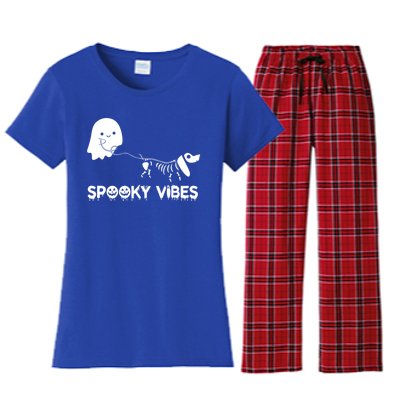 Funny Ghost Dachshund Skeleton Spooky Vibes Dog Halloween Gift Women's Flannel Pajama Set