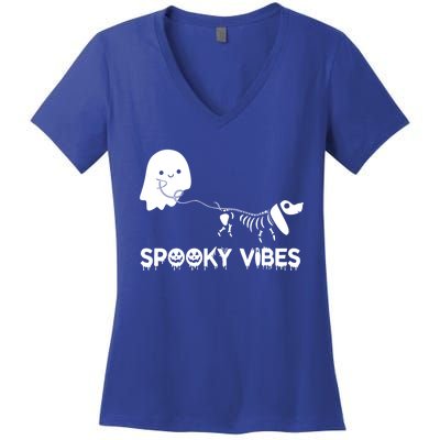 Funny Ghost Dachshund Skeleton Spooky Vibes Dog Halloween Gift Women's V-Neck T-Shirt