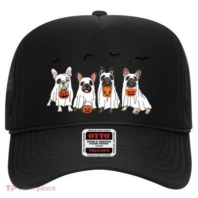 Frenchie Ghost Dog Costume Funny French Bulldog Halloween High Crown Mesh Back Trucker Hat