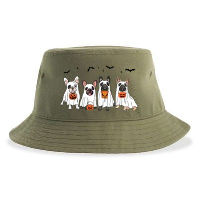 Frenchie Ghost Dog Costume Funny French Bulldog Halloween Sustainable Bucket Hat