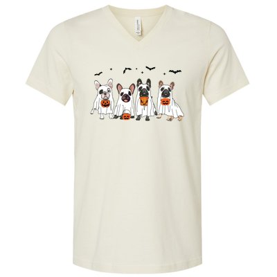 Frenchie Ghost Dog Costume Funny French Bulldog Halloween V-Neck T-Shirt