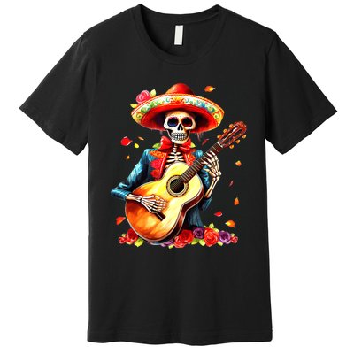 Floral Guitar Dia De Los Muertos Cute Mariachi Day Of Dead Premium T-Shirt