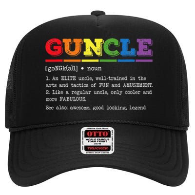 Funny Guncle Definition Proud Gay Uncle LGBTQ Pride Rainbow High Crown Mesh Back Trucker Hat