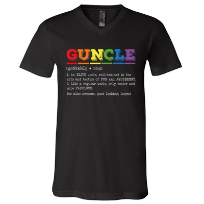 Funny Guncle Definition Proud Gay Uncle LGBTQ Pride Rainbow V-Neck T-Shirt