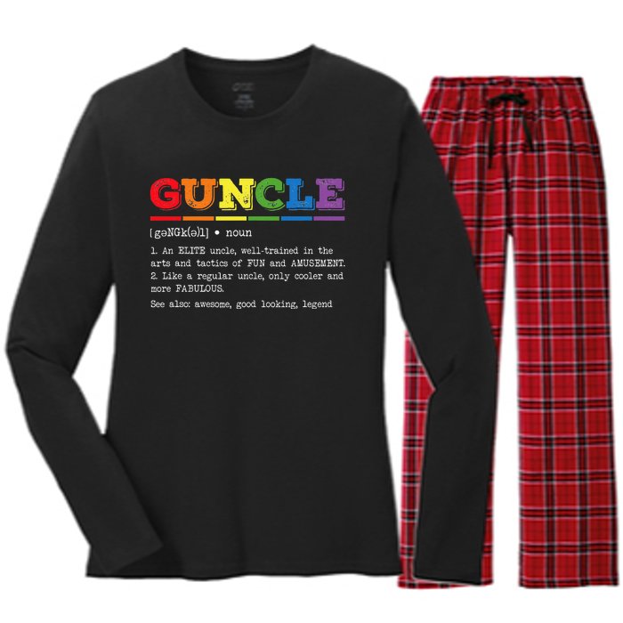 Funny Guncle Definition Proud Gay Uncle LGBTQ Pride Rainbow Women's Long Sleeve Flannel Pajama Set 