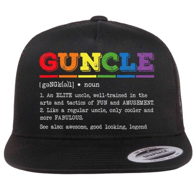 Funny Guncle Definition Proud Gay Uncle LGBTQ Pride Rainbow Flat Bill Trucker Hat