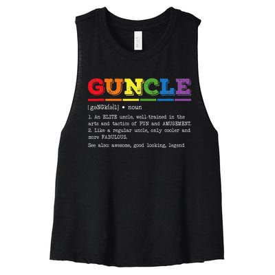 Funny Guncle Definition Proud Gay Uncle LGBTQ Pride Rainbow Women's Racerback Cropped Tank