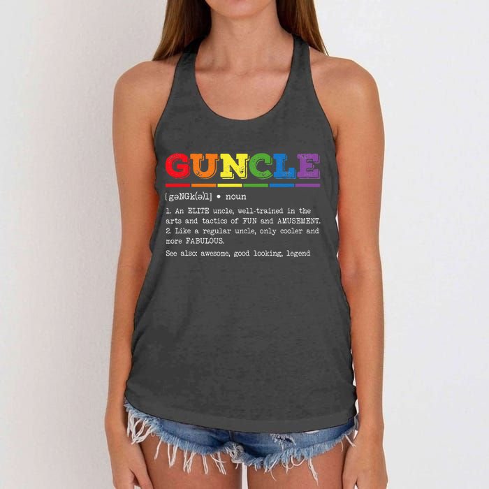 Funny Guncle Definition Proud Gay Uncle LGBTQ Pride Rainbow Women's Knotted Racerback Tank