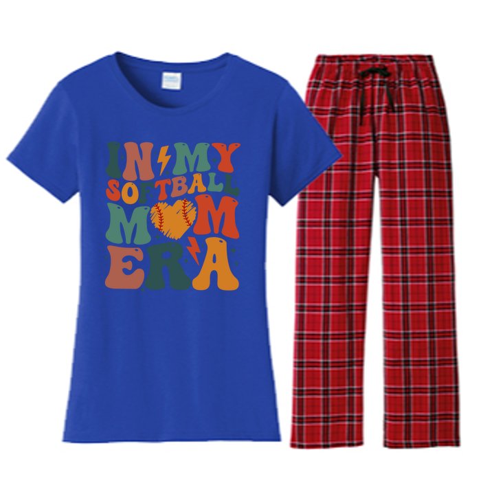 Funny Game Day Softball Lover Retro In My Softball Mom Era Gift Women's Flannel Pajama Set