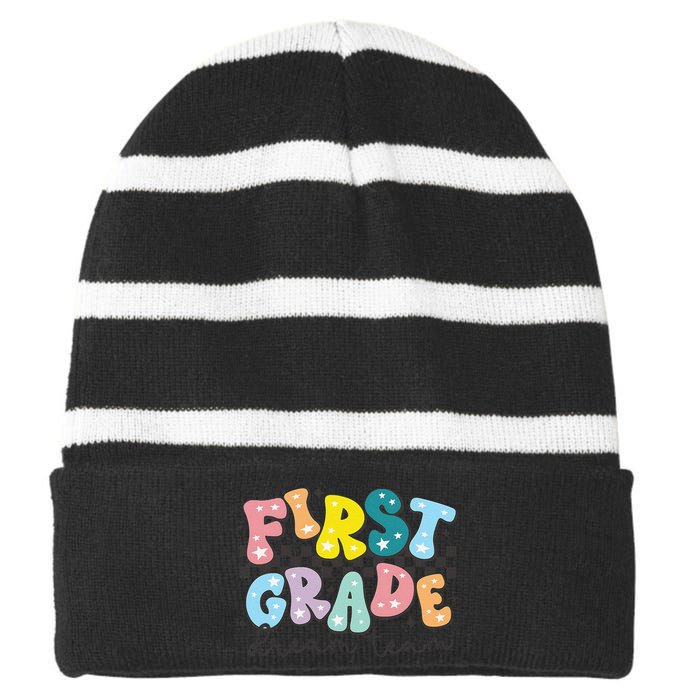 First Grade Dream Team Back To School Teachers Students Gift Striped Beanie with Solid Band