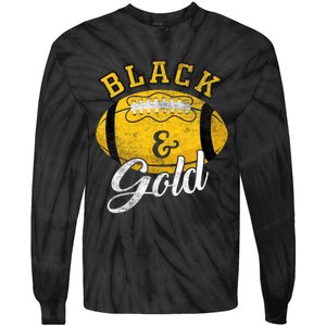 Football Game Day Black And Gold Costume For Football Lover Tie-Dye Long Sleeve Shirt