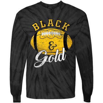 Football Game Day Black And Gold Costume For Football Lover Tie-Dye Long Sleeve Shirt