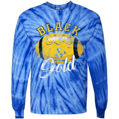 Football Game Day Black And Gold Costume For Football Lover Tie-Dye Long Sleeve Shirt