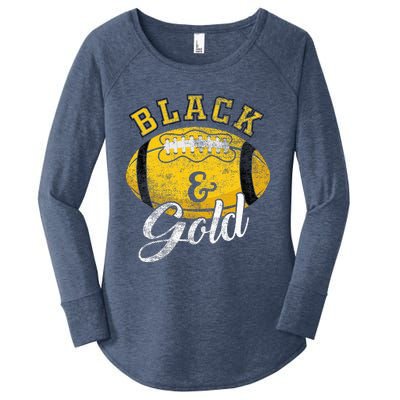 Football Game Day Black And Gold Costume For Football Lover Women's Perfect Tri Tunic Long Sleeve Shirt