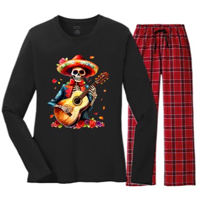 Floral Guitar Dia De Los Muertos Cute Mariachi Day Of Dead Women's Long Sleeve Flannel Pajama Set 