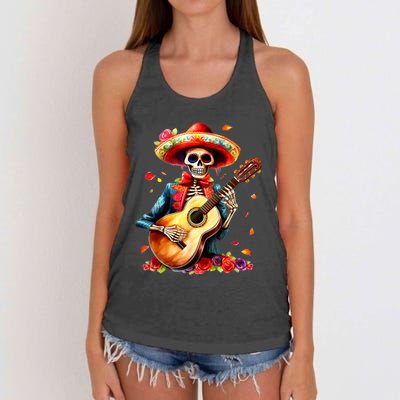 Floral Guitar Dia De Los Muertos Cute Mariachi Day Of Dead Women's Knotted Racerback Tank