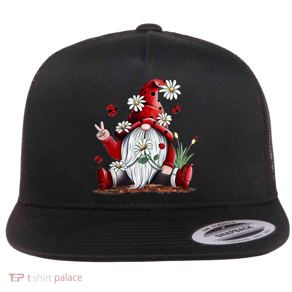 Floral Gnome Daisy Ladybugs Hippie Gnome Love Gift Flat Bill Trucker Hat