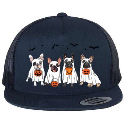 Frenchie Ghost Dog Costume Funny French Bulldog Halloween Flat Bill Trucker Hat