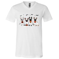 Frenchie Ghost Dog Costume Funny French Bulldog Halloween V-Neck T-Shirt