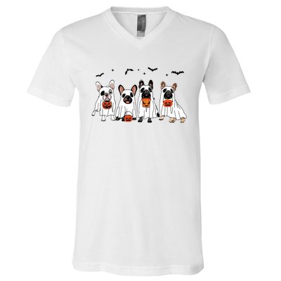 Frenchie Ghost Dog Costume Funny French Bulldog Halloween V-Neck T-Shirt