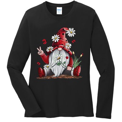 Floral Gnome Daisy Ladybugs Hippie Gnome Love Ladies Long Sleeve Shirt