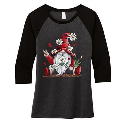 Floral Gnome Daisy Ladybugs Hippie Gnome Love Women's Tri-Blend 3/4-Sleeve Raglan Shirt