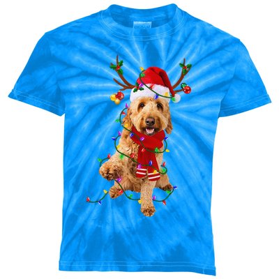 Funny Goldendoodle Dog Tree Christmas Lights Pajama Kids Tie-Dye T-Shirt