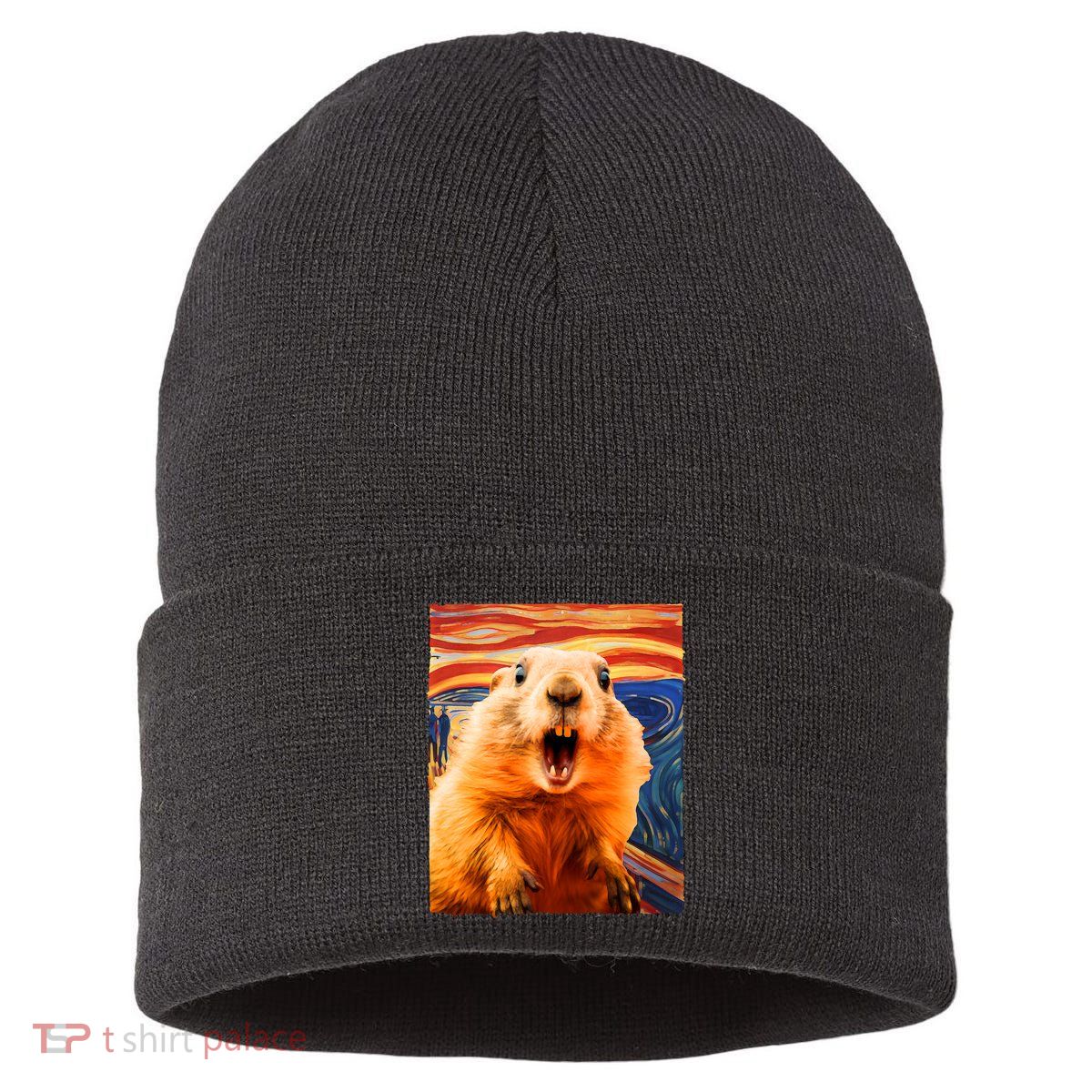 Funny Groundhog Day The Scream Painting Sustainable Knit Beanie