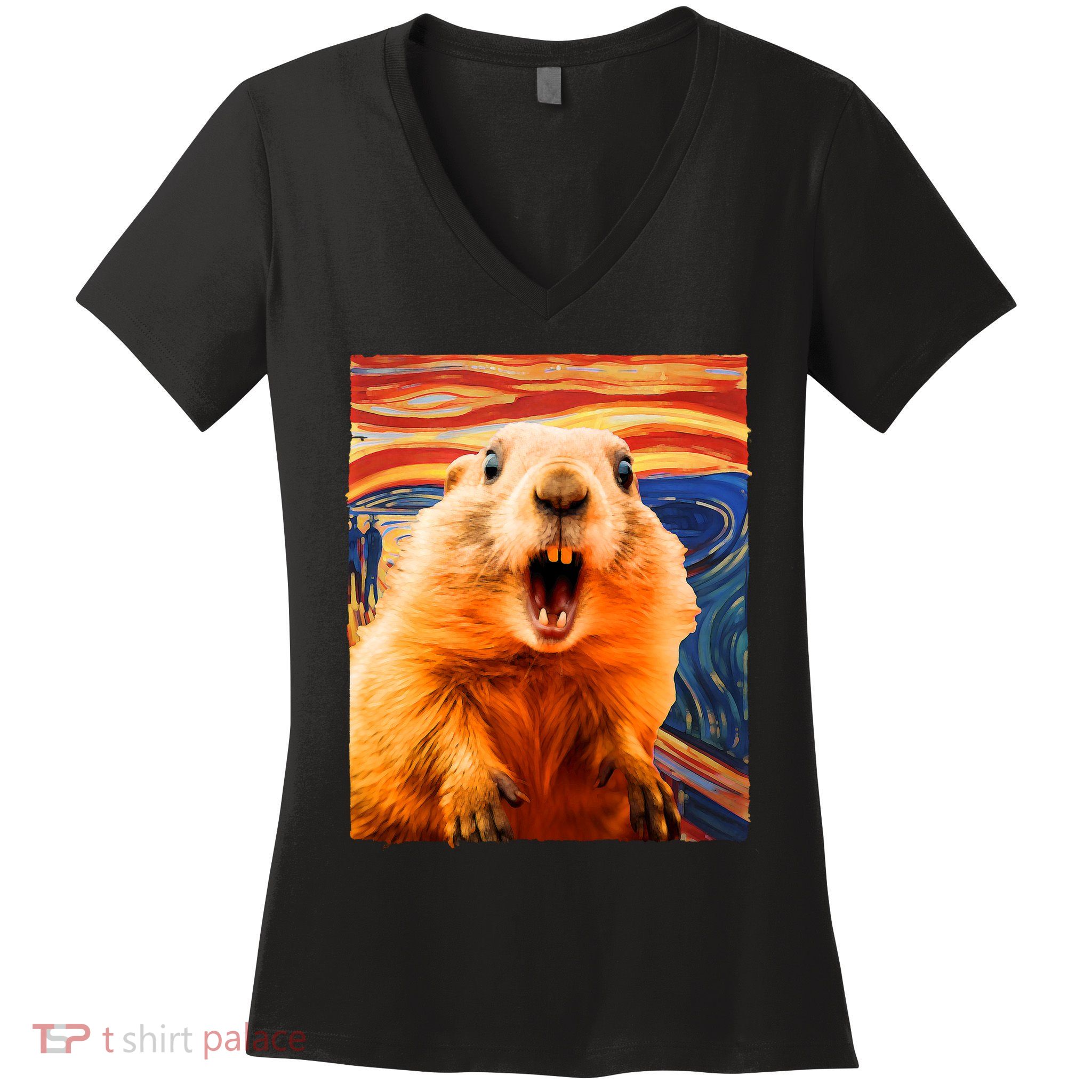 Funny Groundhog Day The Scream Painting Women's V-Neck T-Shirt