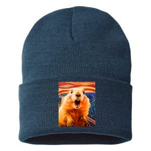 Funny Groundhog Day The Scream Painting Sustainable Knit Beanie