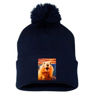 Funny Groundhog Day The Scream Painting Pom Pom 12in Knit Beanie