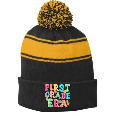 First Grade Era Back To School Print Stripe Pom Pom Beanie