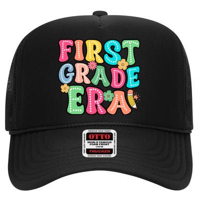 First Grade Era Back To School Print High Crown Mesh Back Trucker Hat