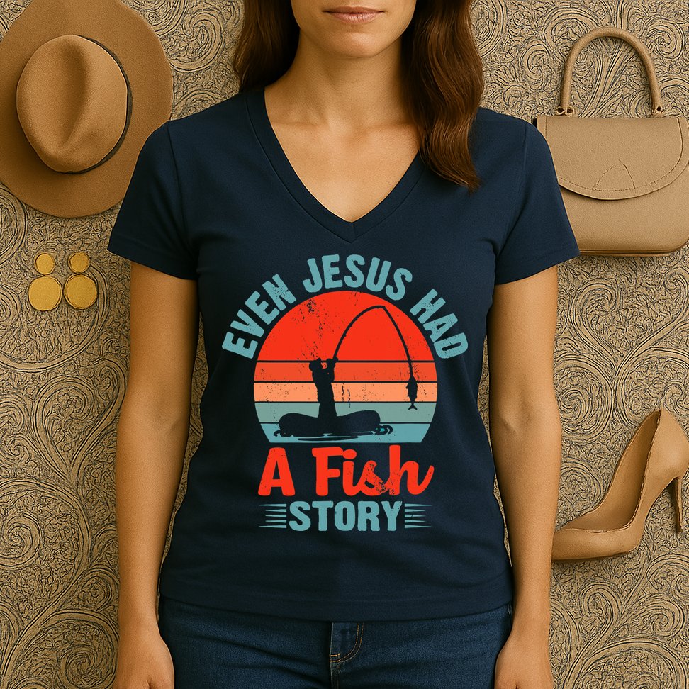 Fishing Gifts Even Jesus Had A Fish Story Funny Women's V-Neck T-Shirt