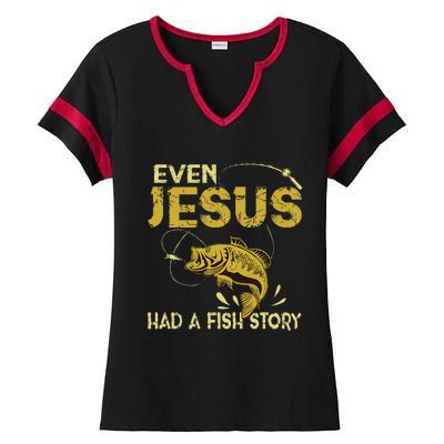 Fishing Gifts Even Jesus Had A Fish Story Funny Ladies Halftime Notch Neck Tee