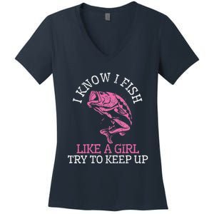 Fishing Girl Funny Cute Fish Bass Fisherman Gift Women's V-Neck T-Shirt