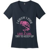 Fishing Girl Funny Cute Fish Bass Fisherman Gift Women's V-Neck T-Shirt