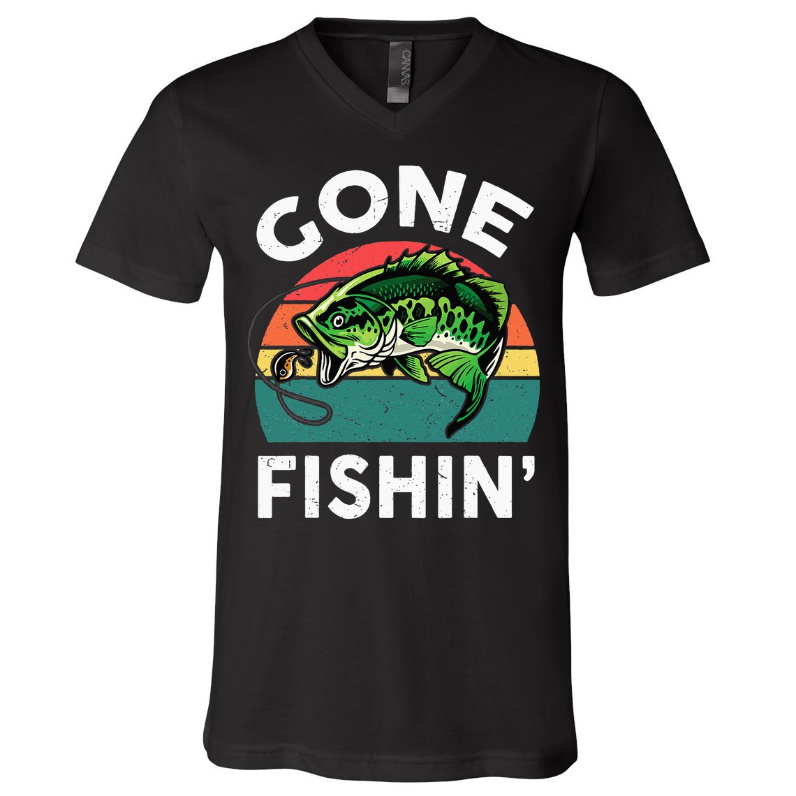 Funny Gone Fishing Bass Fish V-Neck T-Shirt