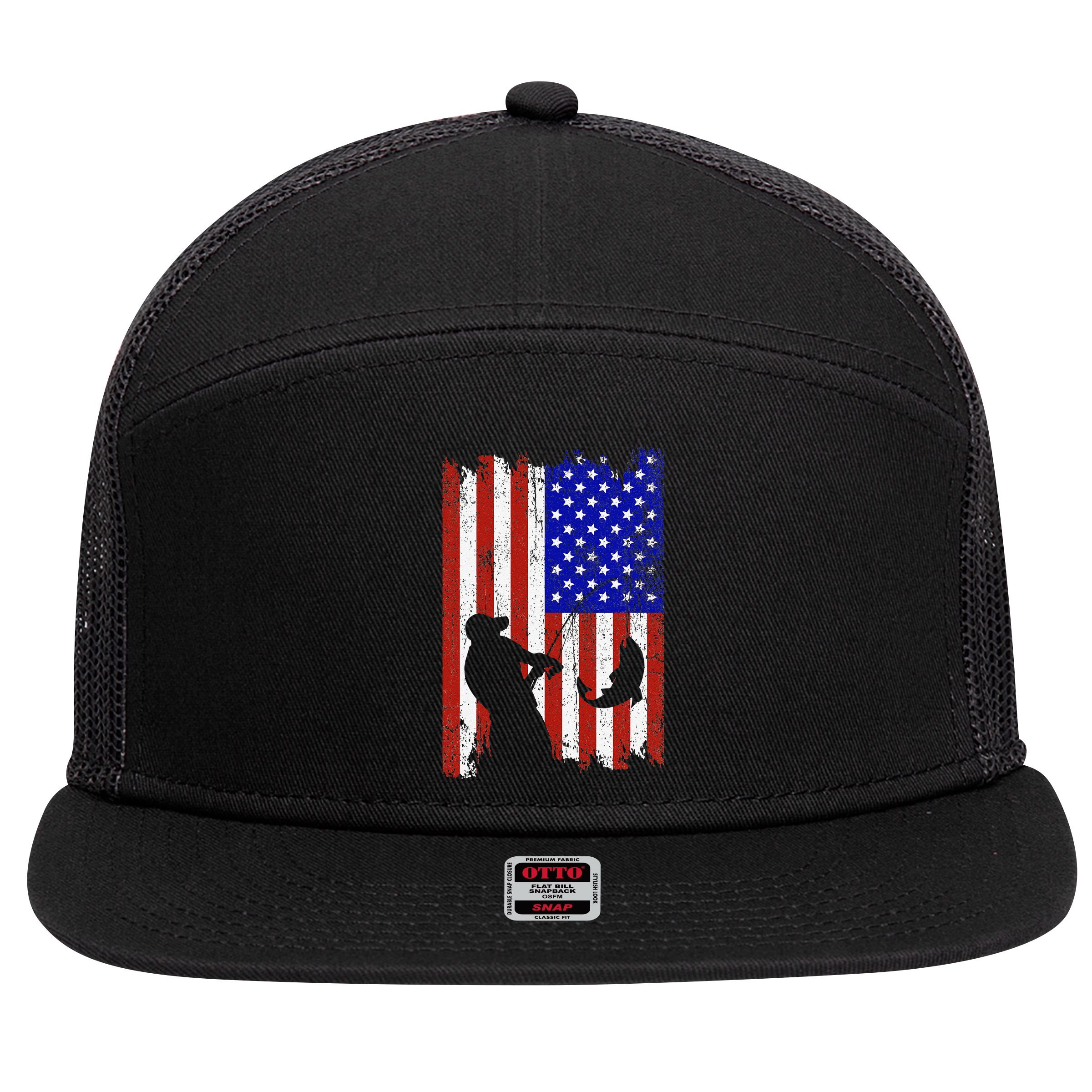 Fishing Gifts For Fisherman American Flag 7 Panel Mesh Trucker Snapback Hat