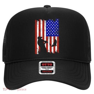 Fishing Gifts For Fisherman American Flag High Crown Mesh Back Trucker Hat