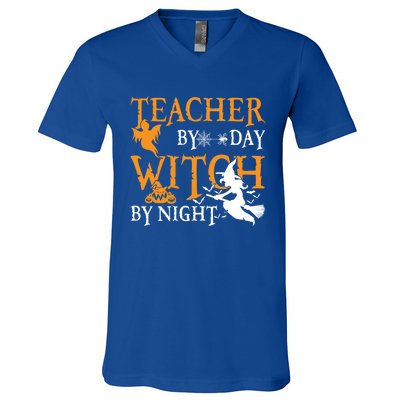 Funny Gift For Teachers Teacher By Day Witch By Night Halloween Gift V-Neck T-Shirt