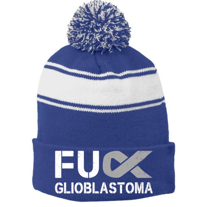 Fuck Glioblastoma Fu Cancer Awareness Ribbon Warrior Fighter Meaningful Gift Stripe Pom Pom Beanie