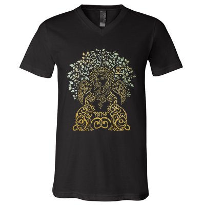 Freya Goddess Freyja Viking Norse Yggdrasil Tree Celtic Gold V-Neck T-Shirt