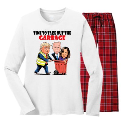 Funny Garbage For Trump 2024 Time To Take Out The Garbage Women's Long Sleeve Flannel Pajama Set 