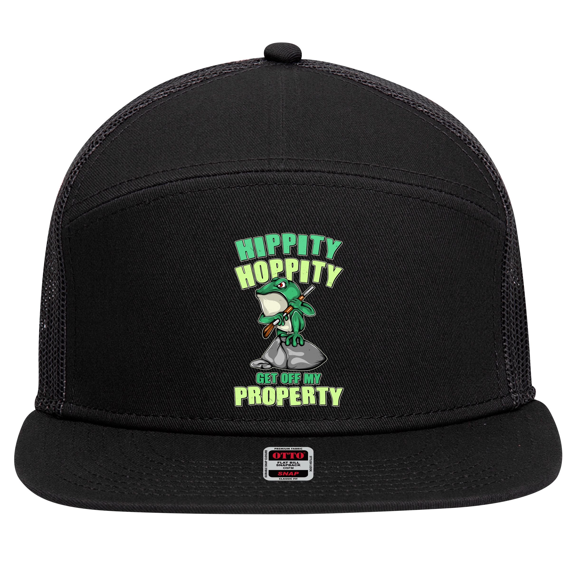 Funny Gun Frog Hippity Hoppity Get Off My Property 7 Panel Mesh Trucker Snapback Hat