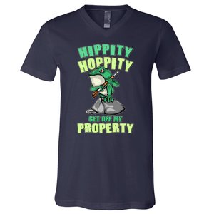 Funny Gun Frog Hippity Hoppity Get Off My Property V-Neck T-Shirt