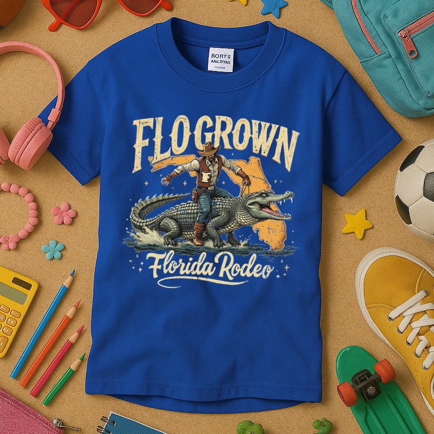 Flo Grown Florida Fl Alligator Rodeo Kids T-Shirt
