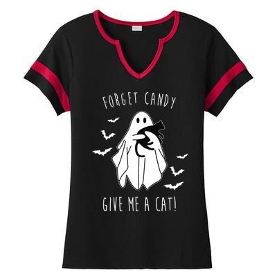 Funny Ghost Forget Candy Give Me A Cat Halloween Ladies Halftime Notch Neck Tee