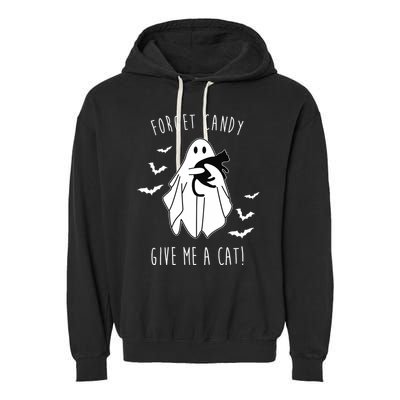 Funny Ghost Forget Candy Give Me A Cat Halloween Garment-Dyed Fleece Hoodie